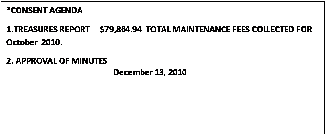 Text Box: *CONSENT AGENDA
1.TREASURES REPORT     $79,864.94  TOTAL MAINTENANCE FEES COLLECTED FOR               October  2010.
2. APPROVAL OF MINUTES
                                                    December 13, 2010                  
                                                  



					















                                                  
