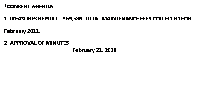 Text Box: *CONSENT AGENDA
1.TREASURES REPORT    $69,586  TOTAL MAINTENANCE FEES COLLECTED FOR               
February 2011.
2. APPROVAL OF MINUTES
                                                    February 21, 2010